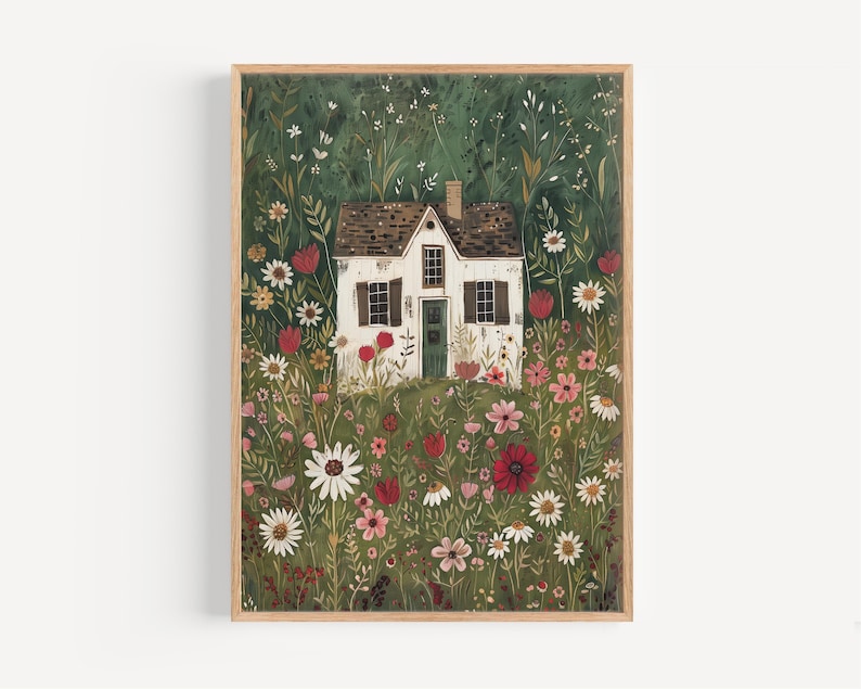 a painting of a house in a field of flowers