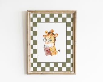 Cuadro decorativo infantil con estampado de animales de safari y jirafas para amantes de los libros, color verde salvia a cuadros, ideal para habitaciones infantiles, cuartos de juegos y habitaciones de bebés. XCRE2-A1