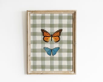 Butterfly Nursery Wall Art Cottagecore Monarch Butterfly Print Soft Green Nursery Vintage Insect Illustration Gingham Baby Room BUF3-A1