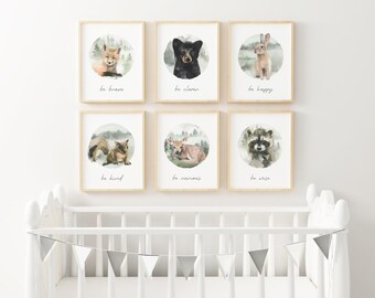 Woodland Nursery Wall Art PRINTED Set of 6 woodland nursery art prints Woodland bear Nursery Art prints Forest Nursery Prints WC1-A6