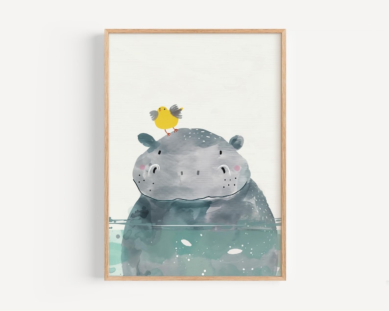 A framed illustration depicting a cartoon-style hippopotamus with a yellow bird perched on its head.