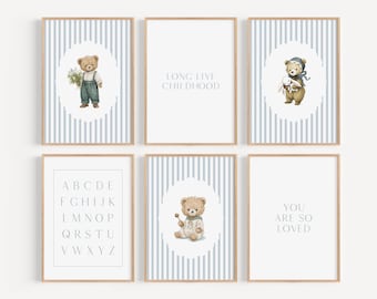 ¡Viva la infancia! Juego de arte mural infantil con estampados de ositos de peluche a rayas azules, alfabeto, habitación de bebé, conejito, oso, libro de cuentos, galería mural XTDY4-A6