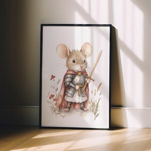 A framed illustration of a mouse dressed in medieval armor, holding a sword and standing in a natural setting with flowers.