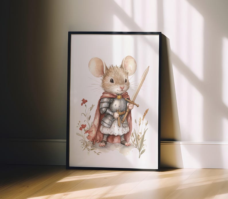 A framed illustration of a mouse dressed in medieval armor, holding a sword and standing in a natural setting with flowers.