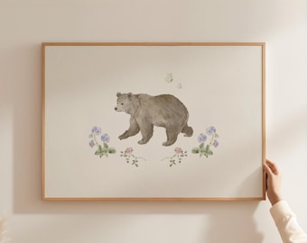 Bear Art For Toddler Room Decor Flower Art Cottagecore Home Decor Neutral Wall Art Woodland Nursery Art Baby Shower Gift BRM13