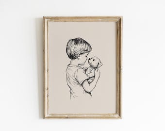 Vintage Boy and Dog Nursery art print vintage boy nursery minimalist print beige nursery printed and shipped on high archival paper NN1-A1