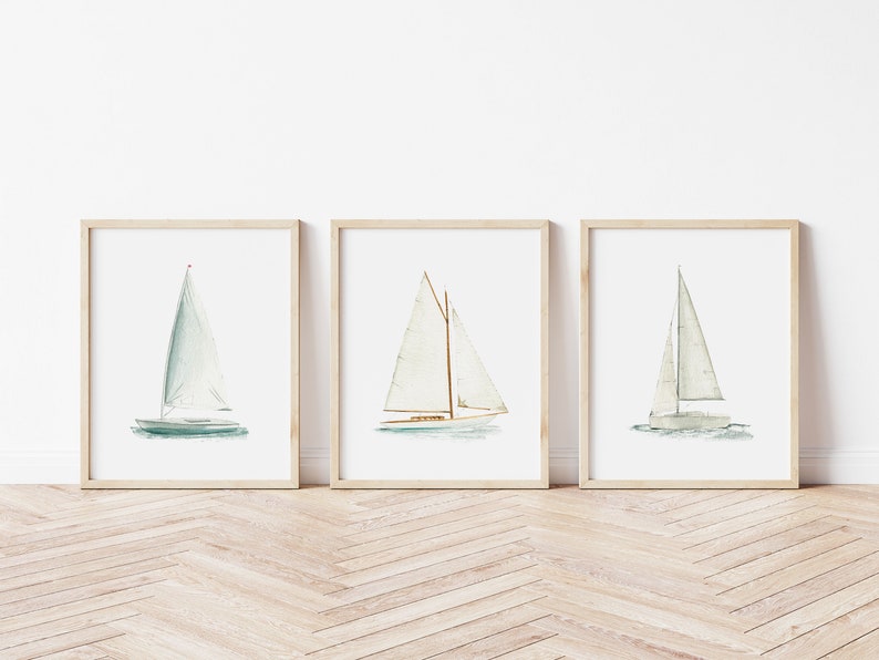 Sailboat Nautical Art Print, Nautical Art Print, Coastal Decor, Beach Decor, Nautical Decor Nursery print Set of 3 N02 image 1