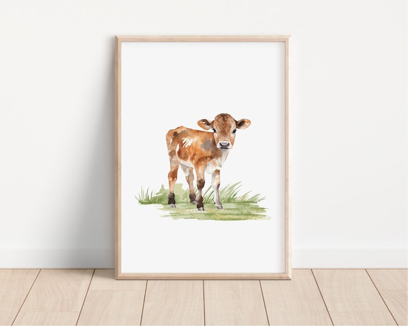 May include: Watercolor painting of a brown and white calf standing in a field of green grass.