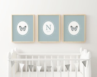 Personalized Butterfly Nursery Wall Art Whimsical Nursery Decor Butterfly Soft Blue Baby Girl Nursery Set of 3 Printed and Shipped VAP2-A3
