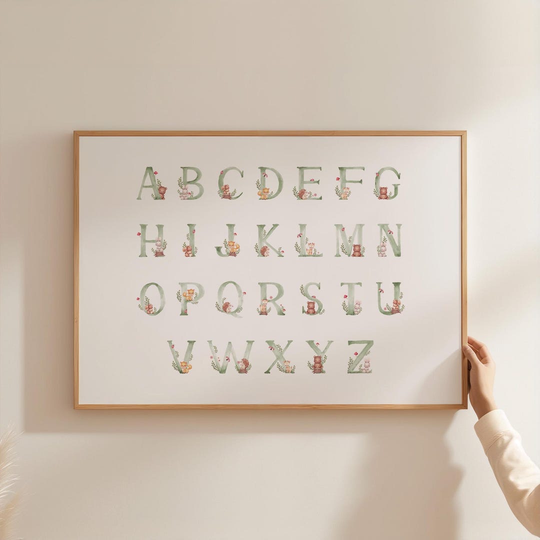 Green Woodland Alphabet Nursery Educational Art Print Sage Green Wall ...