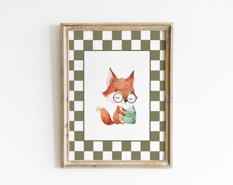 Cuadro decorativo infantil "Leach Fox" con estampado de animales del bosque, color verde salvia, diseño de tablero de ajedrez, ideal para habitaciones infantiles y de bebés. Rincón de lectura acogedor. XCRE5-A1