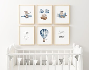 Bear on a Plane Printed art print, Bear and Plane Printed and shipped Watercolor Plane printed on high archival paper Set of 6  FH1-A6