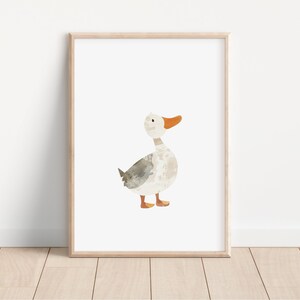 May include: A watercolor illustration of a gray and white duck with an orange beak and feet. The duck is facing right and is standing on a white background.