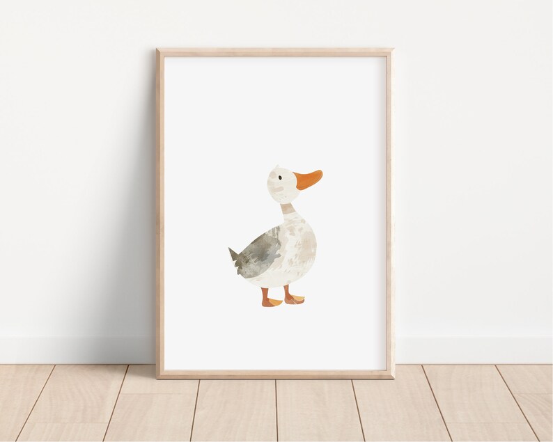 May include: A watercolor illustration of a gray and white duck with an orange beak and feet. The duck is facing right and is standing on a white background.
