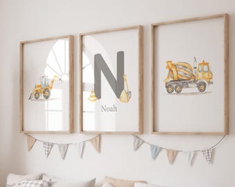 Personalized Construction Nursery prints construction boy art prints construction nursery decor  Printed and shipped Set of 3 CV2-A3