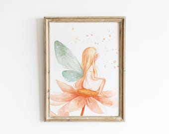 Fairy Nursery Wall Art Watercolor Pink Flower Fairy Print Girl’s Room Whimsical Baby Nursery Decor Soft Pink Nursery Fairytale Art  WPF35-A1