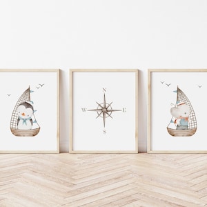 Nursery Sailboat Art Print,  Boy Nursery Sailboat Art Print, Coastal Decor, Beach Decor, Nautical Decor Nursery print Set of 3 LS1-A3