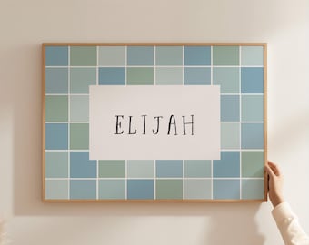 Cuadro decorativo personalizado azul claro para habitación infantil, estampado a cuadros para sala de juegos de niños, decoración de pared para habitación de niños, letrero caprichoso azul claro XCK7-A1