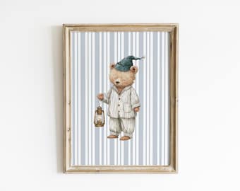 Decoración de pared para guardería infantil con osito de peluche para la hora de dormir, pijama de niño con estampado de osito a rayas azules, farol para habitación infantil, arte de cuento de hadas tranquilo XTDY2-A1