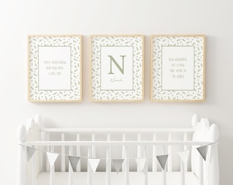 Personalized Green Floral Nursery Art Girls Room Decor How Wonderful Life is Print I love you Quote Custom Baby Name Sign  Set of 3 WHY4-A3