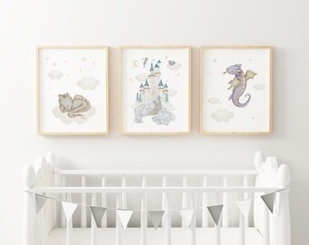 Baby Dragon Nursery Wall Art Magical Creatures Wall Art Neutral Boys Room Decor Cute Whimsical Dragon Art Print Set of 3 DRK2-A3