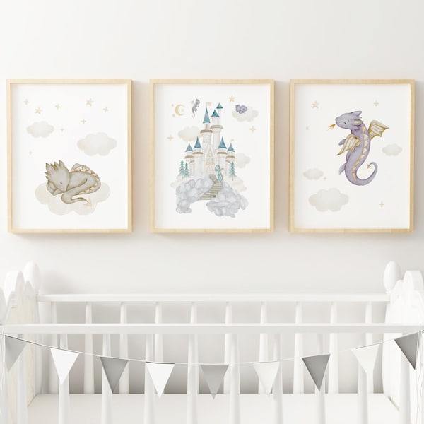 Cuadros de dragones bebés para la habitación infantil, arte de criaturas mágicas para la habitación de niños, decoración neutra, juego de 3 láminas de arte de dragones adorables y originales DRK2-A3