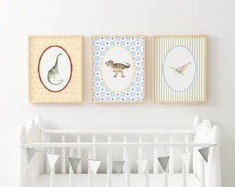 Watercolor Dinosaur Nursery Wall Art Retro Dino Prints Blue Green T Rex Kids Room Boys Bedroom Toddler Playroom Prehistoric Decor XDCB1-A3