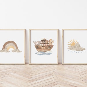 Noah's Ark Printed art print, Christian Nursery Printed and shipped Watercolor Neutral Boho printed on high archival paper Set of 3 NA1-A3