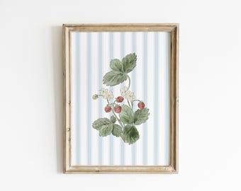 Strawberry Art For Kitchen Decor Cottagecore Decor Botanical Print Farmhouse Decor Blue Wall Art Gift For Her FOG5