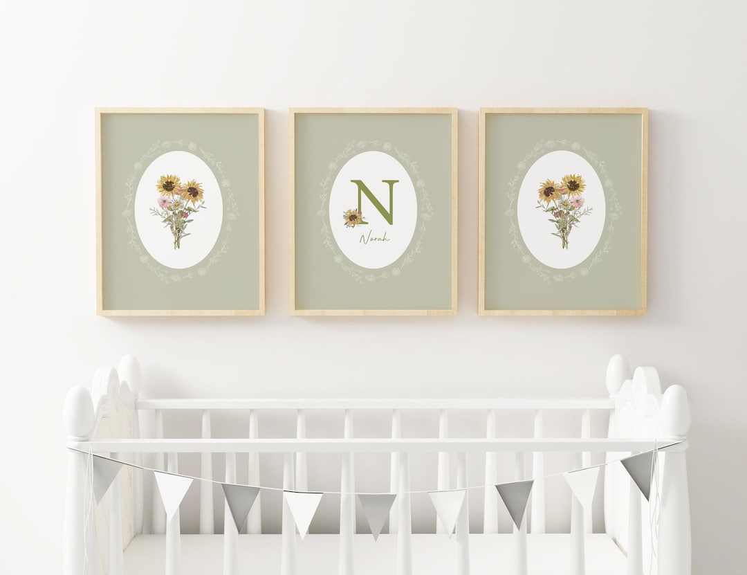 Personalized Green Nursery Art Boho Floral Nursery Custom Initial Art ...
