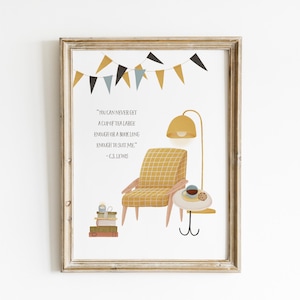 May include: Framed art print featuring a cozy illustration of a yellow armchair, a side table with a lamp, and a stack of books. The print includes a quote by C.S. Lewis and decorative pennants.