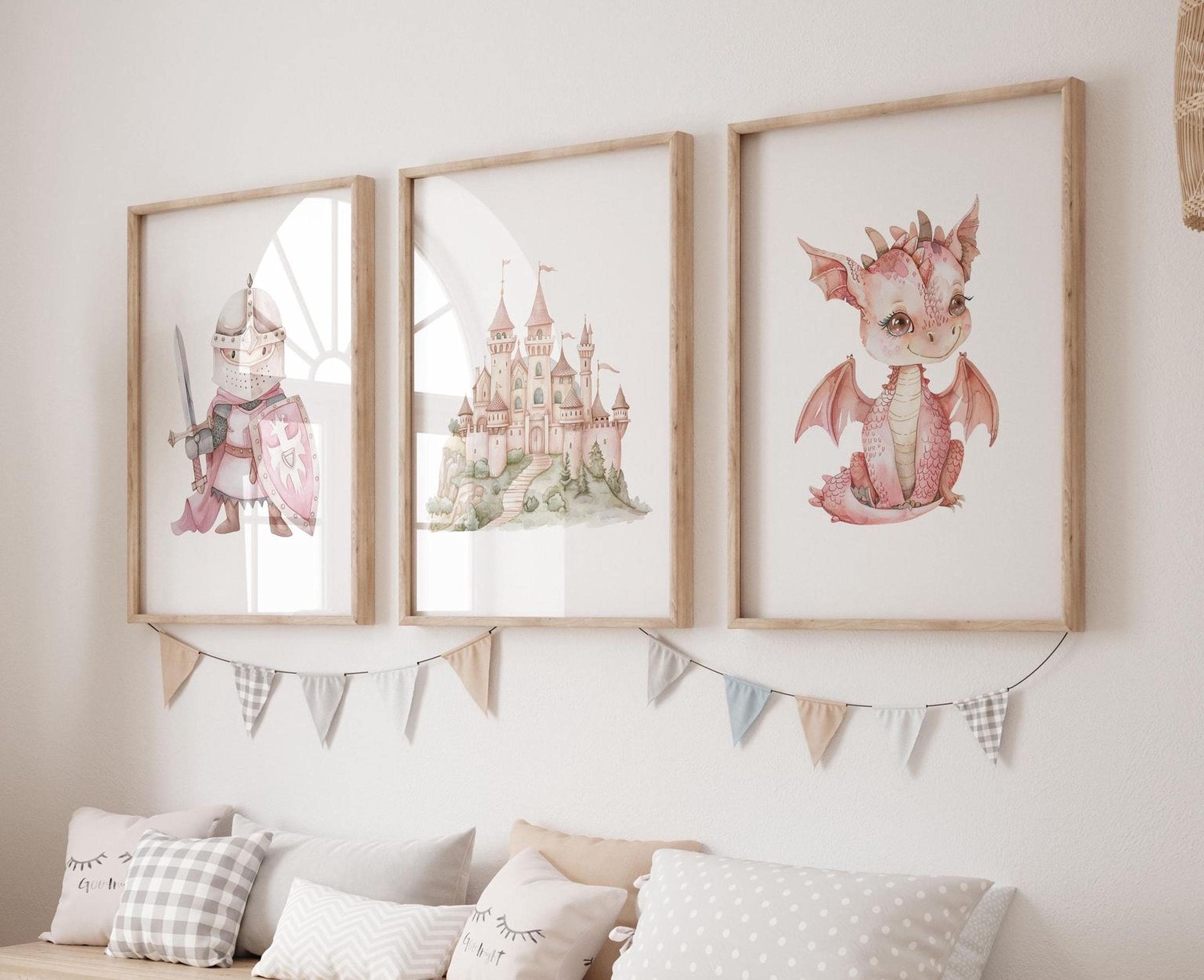 Fairytale Nursery Wall Art Set Pink Castle Print Dragon Nursery Art ...