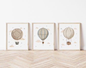 Blue Hot Air Balloon Printed art print,  Printed and shipped Watercolor Hot Air Balloon printed on high archival paper Set of 3 HAB1-A3