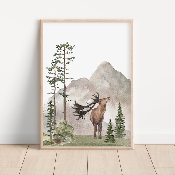 Woodland Nursery wall art PRINTED VERSION, Mountain wall art, tree nursery decor Forest nursery- Nursery Prints Watercolor Woodland- W05-1