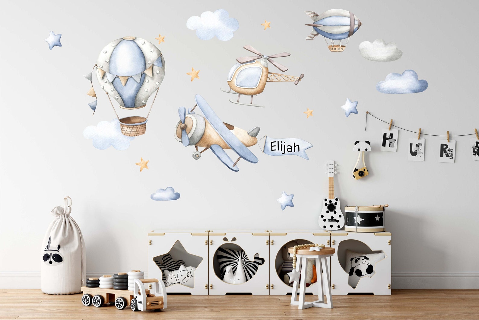 Autocollant Mural Montgolfière, Avion, Hélicoptère - Multicolore - Décor Chambre Enfant - Déposable