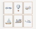 Vehicle art print set Boy car plane train boat hot air balloon Printed and shipped Watercolor print set high archival paper Set of 6 BWT1-A6