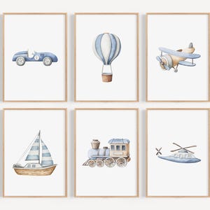 Vehicle art print set Boy car plane train boat hot air balloon Printed and shipped Watercolor print set high archival paper Set of 6 BWT1-A6