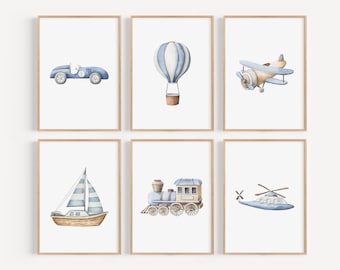 Vehicle art print set Boy car plane train boat hot air balloon Printed and shipped Watercolor print set high archival paper Set of 6 BWT1-A6