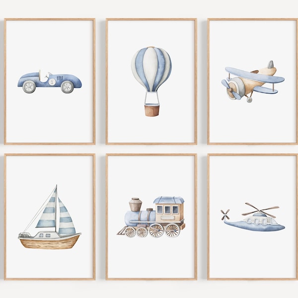 Vehicle art print set Boy car plane train boat hot air balloon Printed and shipped Watercolor print set high archival paper Set of 6 BWT1-A6