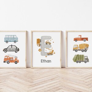 Personalized Transport Nursery Prints. Custom Name prints, boy room trucks and cars custom name prints Trucks decor Set of 3 CR1-A1 image 3