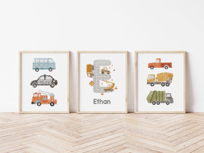 Personalized Transport Nursery Prints. Custom Name prints, boy room trucks and cars custom name prints Trucks decor Set of 3 CR1-A1 image 3