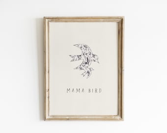 Mama Bird Nursery Wall Art Vintage Floral Swallow Print Botanical Mother Baby Bird Decor Neutral Baby Room Art New Mom Gift Mother's Day MB1