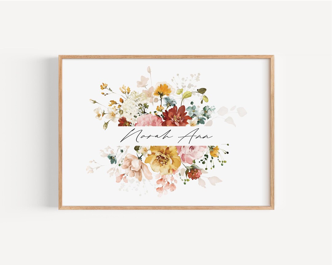 Personalized Floral Nursery Art Print Watercolor Floral Art Custom Name ...