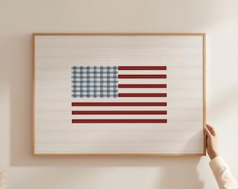 Checkered USA Flag Print Patriotic Wall Art Fourth Of July Americana Country Decor Vintage Independence Day Red White Blue Painting XFG2-A1