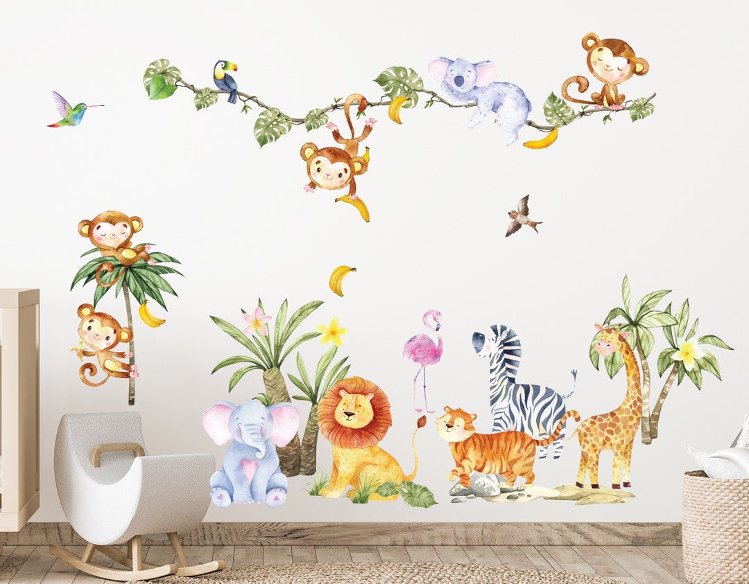 Safari Fabric Sticker Set for Kids Safari Animals Wall Decal Watercolor ...