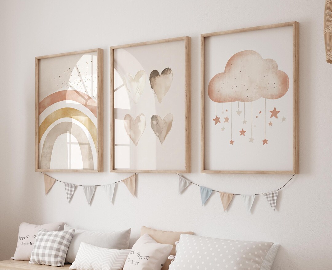 Boho Rainbow and Hearts Nursery Art Print Watercolor Rainbow Art Girl ...