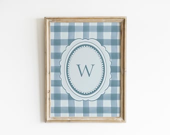 Vintage Personalized Nursery Wall Art Grandmillennial Gingham Monogram Print Custom Initial Baby Room Decor Kids' Bedroom Poster IN1