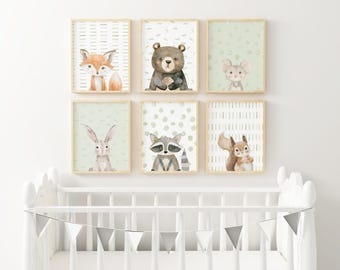 Green Woodland Animal Nursery Art Polka Dot Print Gender Neutral Nursery Forest Animal Playroom Bunny Nursery Bear Print Baby Room PWL3-A6