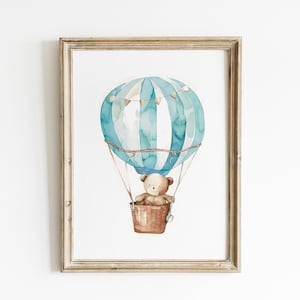 Teddy Bear Hot Air Balloon Nursery bear art print watercolor nursery blue wall art minimalist boy nursery art Printed and Shipped ENP32-A1