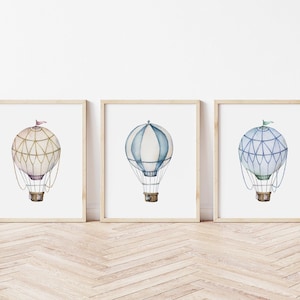 Blue Hot Air Balloon Printed art print,  Printed and shipped Watercolor Hot Air Balloon printed on high archival paper Set of 3 HBA02